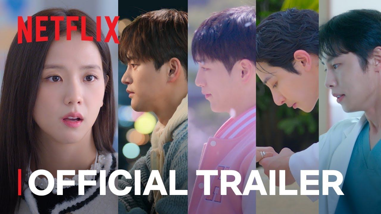 Jisoo e pretendentes em painéis da miniatura oficial do trailer de Namorado por Assinatura