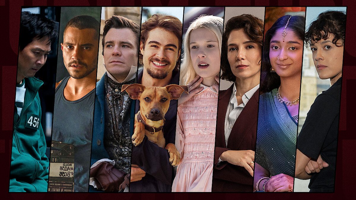 Montagem oficial do Tudum com personagens de várias séries da Netflix lado a lado sobre fundo vermelho com a palavra Tudum