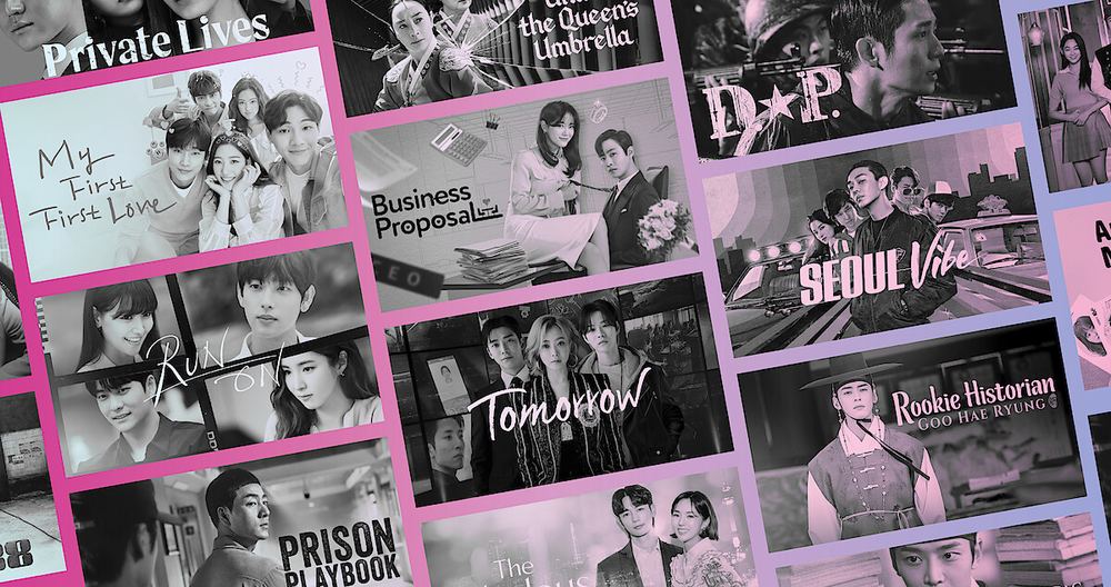 Montagem com cenas de k-dramas como Business Proposal, Tomorrow, Seoul Vibe e Rookie Historian Goo Hae Ryung em tons de rosa e cinza