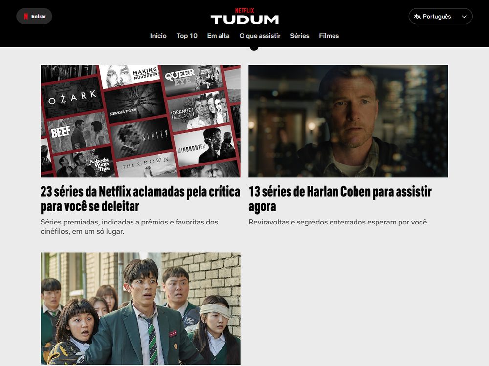 Print do Tudum Brasil com o menu Início, Top 10, Em alta, O que assistir, Séries e Filmes e a página Estrangeiro com destaque de All of Us Are Dead