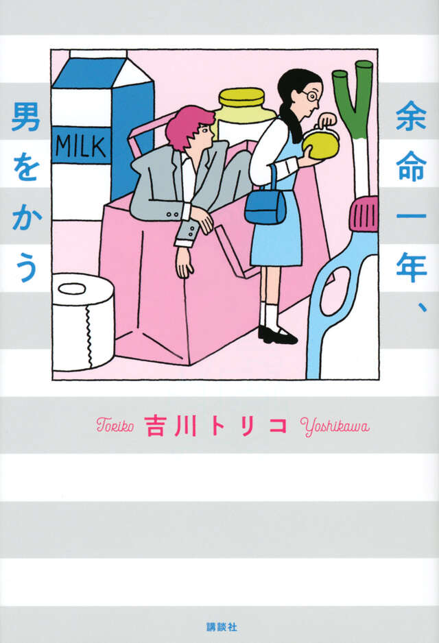 Capa ilustrada do romance de Toriko Yoshikawa mostra os personagens entre embalagens e objetos domésticos